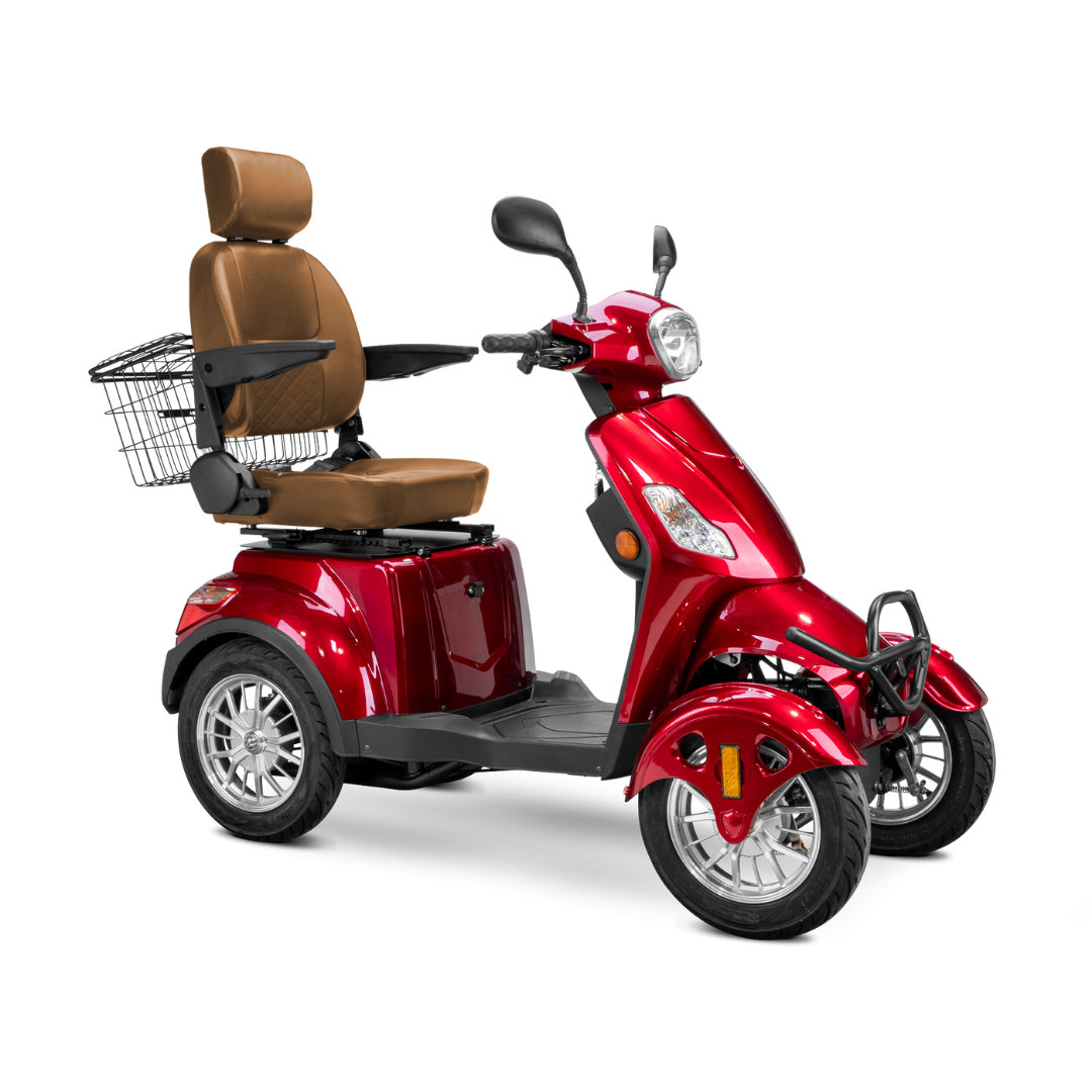 The Bespoke Prestige Recreational 4-Wheel Scooter features a shiny red finish, a powerful 600-watt motor, large cushioned brown seat with armrests and headrest, front headlight, and rear metal basket.